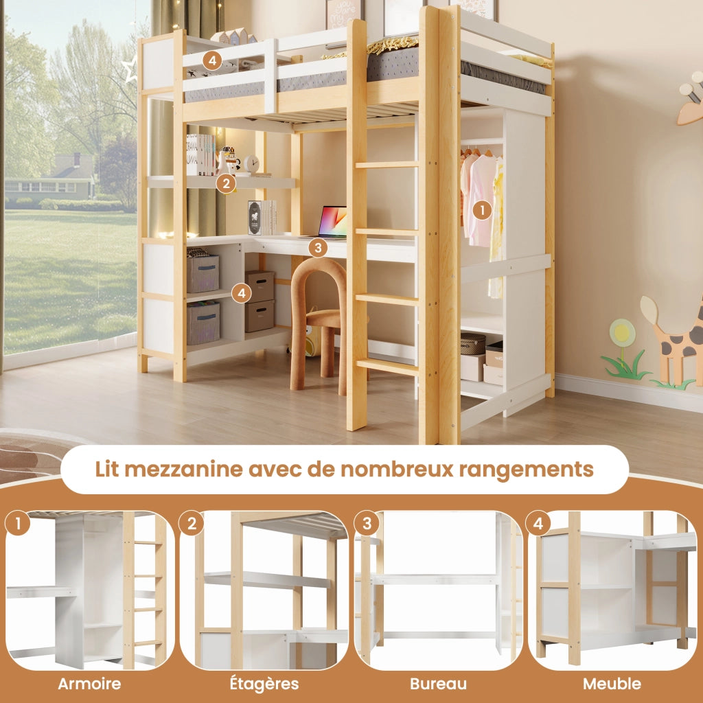 Letto a soppalco con scaffali, scrivania e armadio, 90x200 cm, naturale