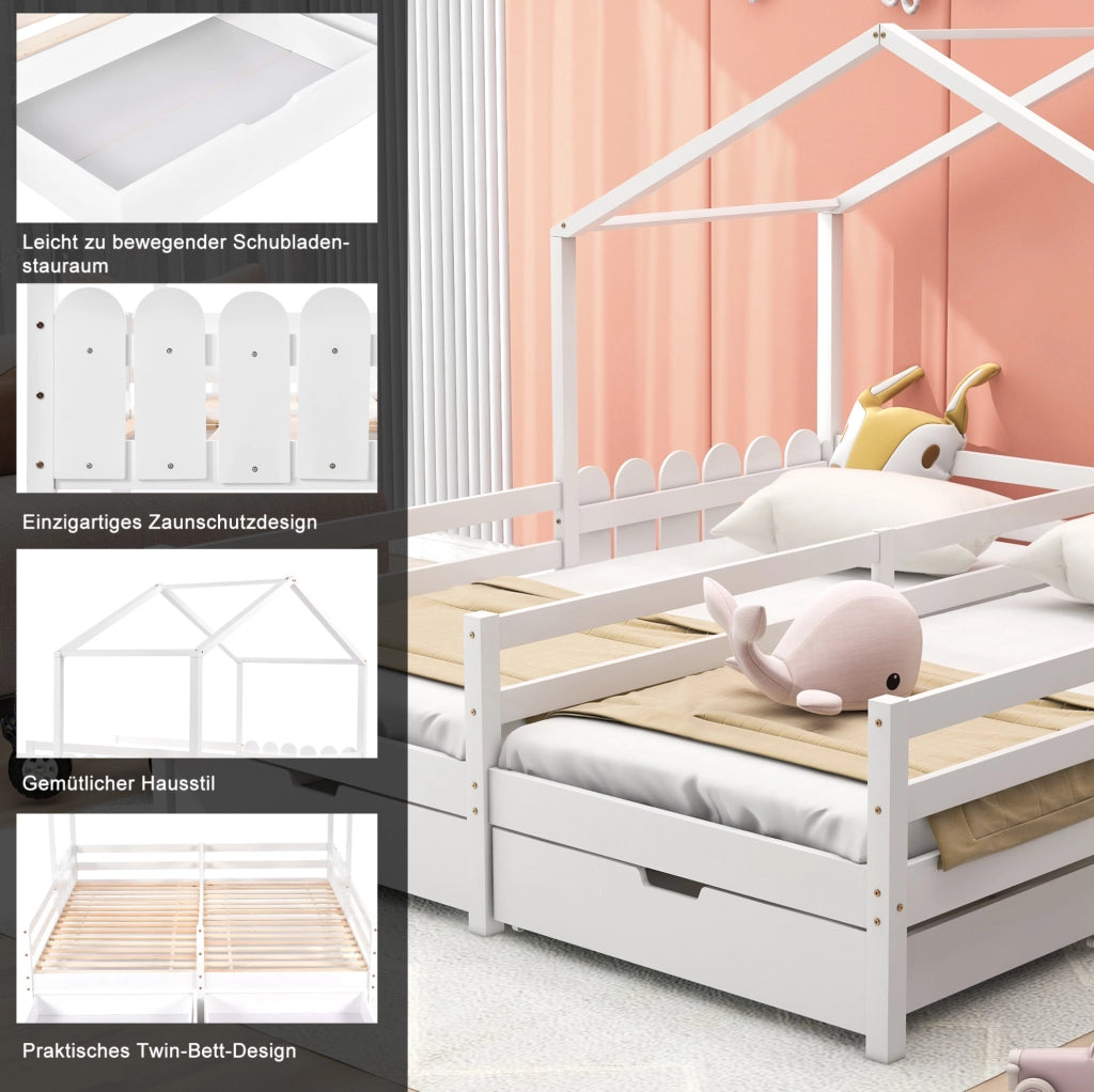 Letto a casetta doppio per bambini con 2 cassetti, bianco
