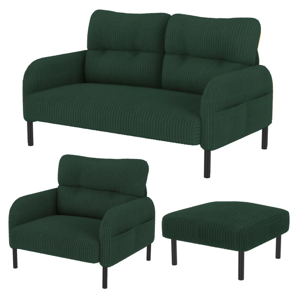 OKWISH Set da 3 Sedute con Divano 2 Posti, Poltrona e Poggiapiedi, Tasca Laterale, Velluto A Coste Verde Smeraldo