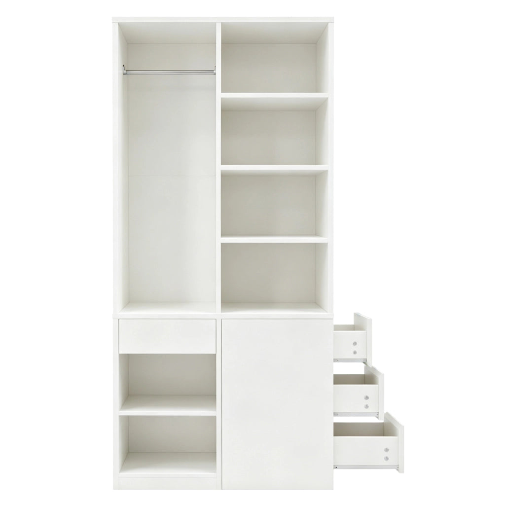 Armadio con cassetti, ripiani aperti e barra appendiabiti per camera da letto, in MDF bianco, 70 × 50 × 170 cm