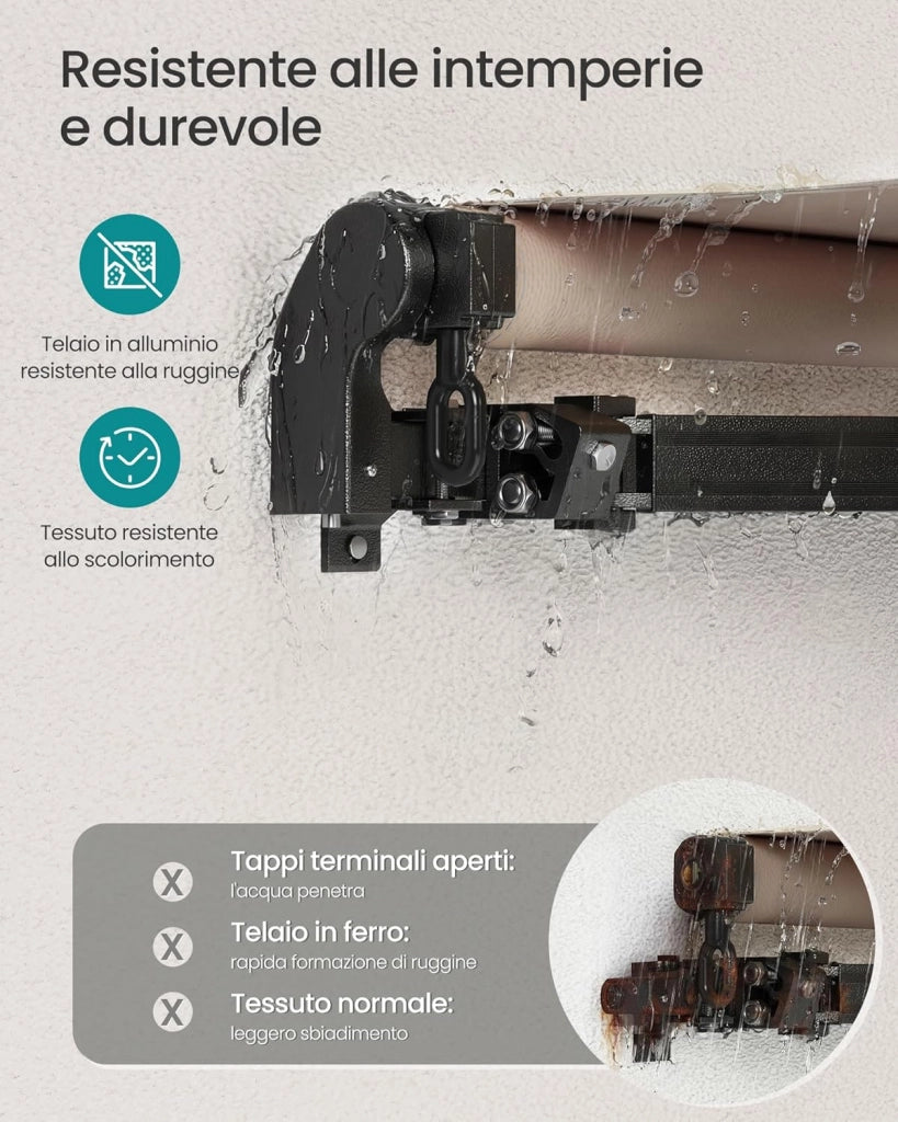 SONGMICS Tenda da Sole a Bracci Articolati, Tenda con Manovella, Parasole per Balcone, UPF 50+, Lega di Alluminio, Regolabile, 300 x 250 cm, Marrone Giallastro GSA306KZ01
