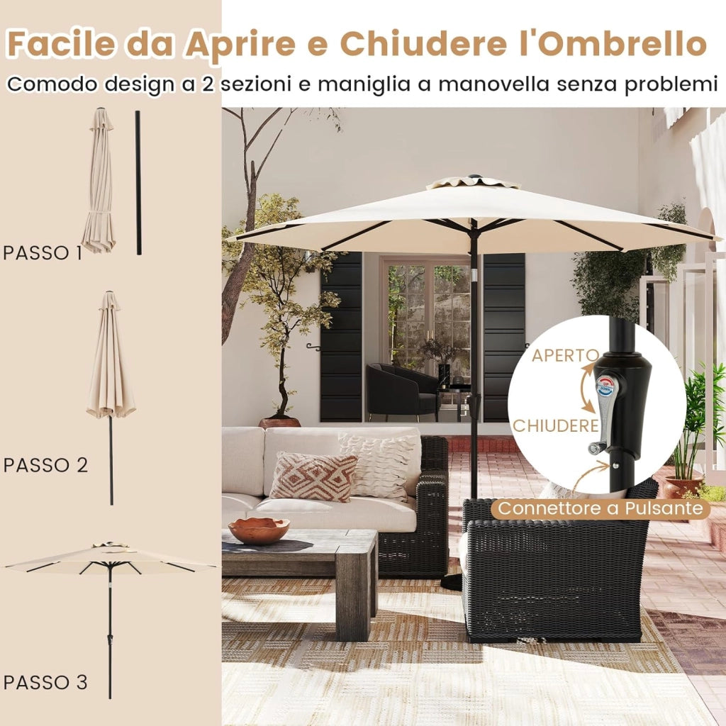 Ombrellone da Giardino 290 cm, con Inclinazione Regolabile, Ombrellone Esterno con 8 stecche Manovella, per Spiaggia Piscina Cortile (Beige, 290 cm 8 Stecche)