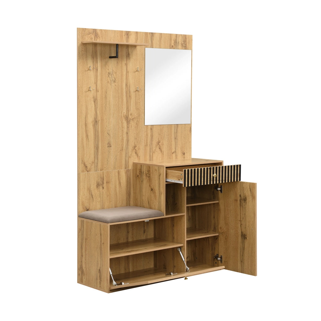Mobile Ingresso con Specchio; 2 Ante; 1 Cassetto e Seduta Imbottita; Ripiani Regolabili; in MDF; Nero e Legno; 110??37??185;5 cm