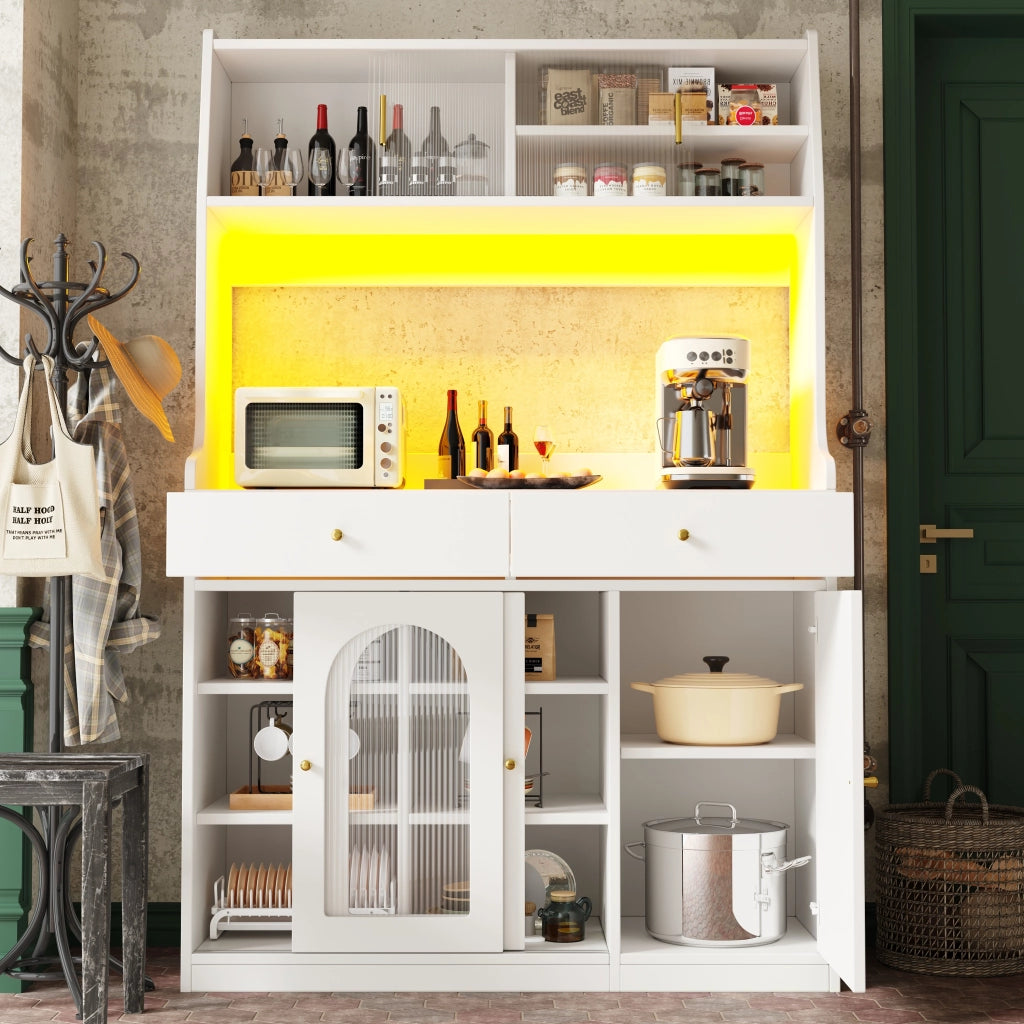 Credenza da Cucina Alta Vetrina con 2 Cassetti e Ripiani Regolabili e LED per Cucina in MDF e Pannelli Bianco 120x40x180 cm