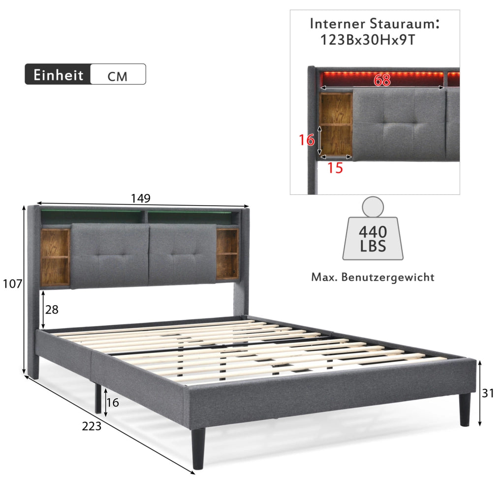Letto imbottito 140x200 cm grigio con LED, USB, presa e materasso