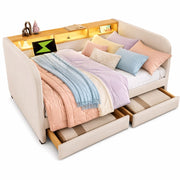 Letto Contenitore 140x190 cm; Letto Singolo con 2 Cassetti; USB e Type-C; In Lino; Beige