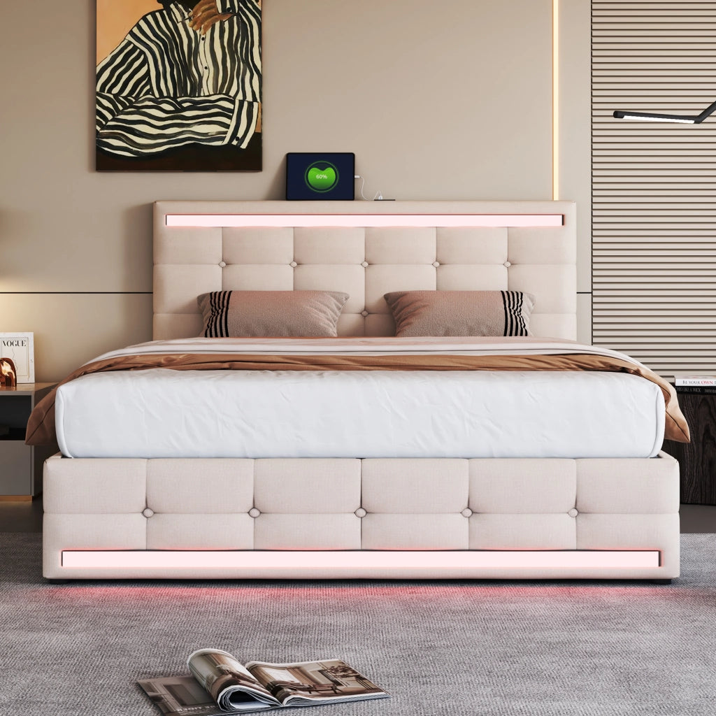 OKWISH Letto con Cassetti 140×200 cm, Letto Matrimoniale con 4 Cassetti, LED Regolabile, 2 USB e Telecomando, senza Materasso, Beige