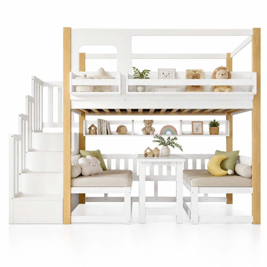 Letto a castello 90x200 cm bianco e naturale in legno e MDF con scala contenitore