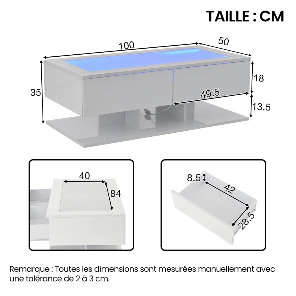Tavolino basso con 2 cassetti e LED, piano in vetro temperato, per soggiorno, in truciolare, bianco 100 × 50 × 35 cm