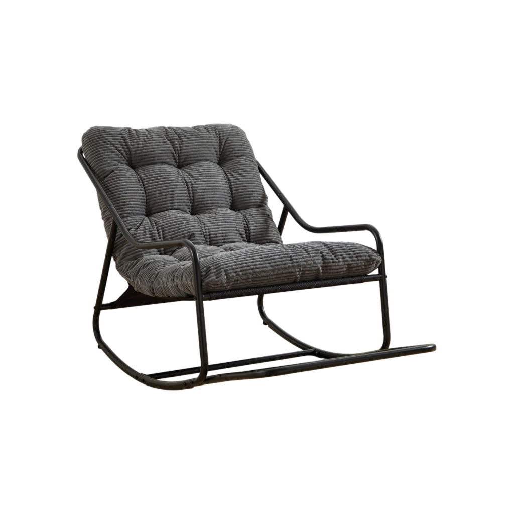 Sedia a dondolo da esterno con cuscino spesso 75x116x82 cm in acciaio; grigio con struttura nera