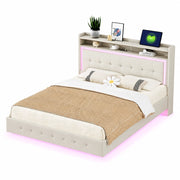 Letto imbottito 140x200 cm; USB e LED; tessuto di lino; beige (Senza materasso)