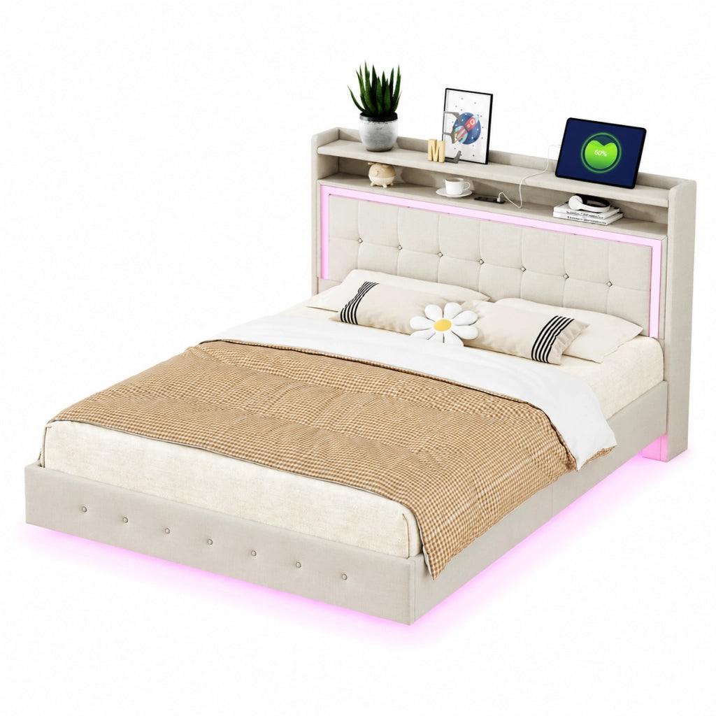 Letto imbottito 140x200 cm; USB e LED; tessuto di lino; beige (Senza materasso)