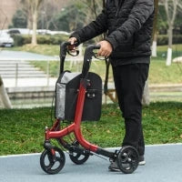 Deambulatore ad Altezza Regolabile con 3 Ruote e Tasca Portaoggetti, in Alluminio, 68x68x86.5-99 cm, Rosso