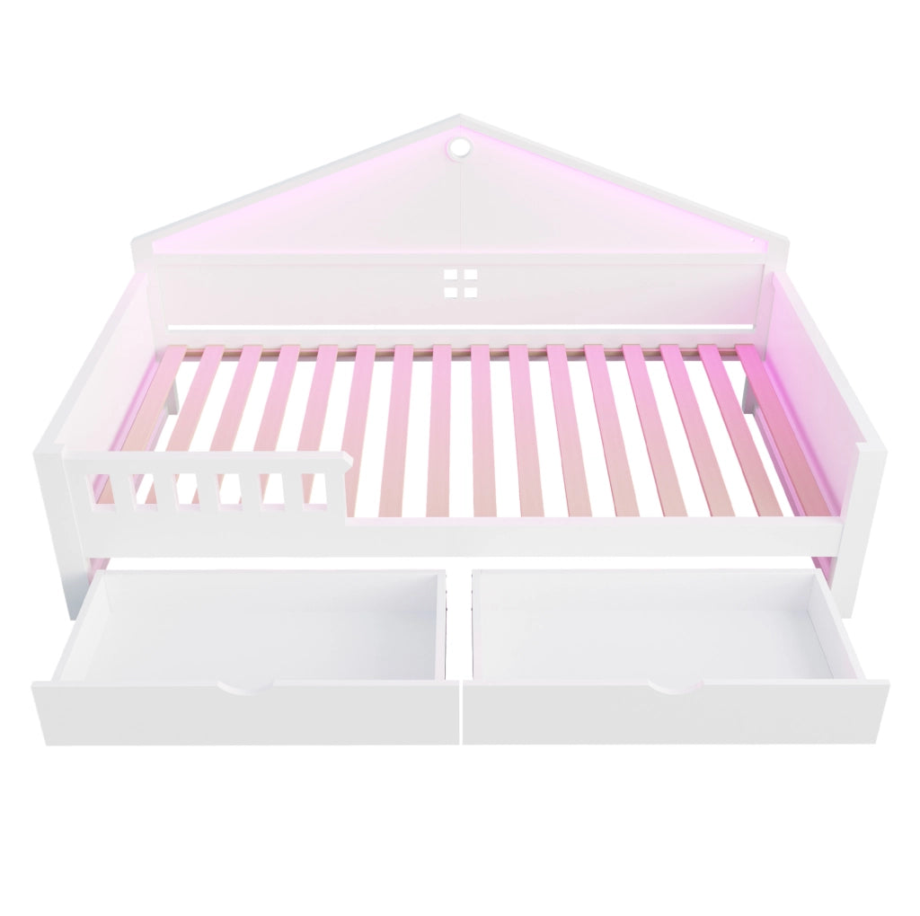 Letto singolo ULEVR 90x200 cm con 2 cassetti e barra LED controllabile da smartphone, bianco