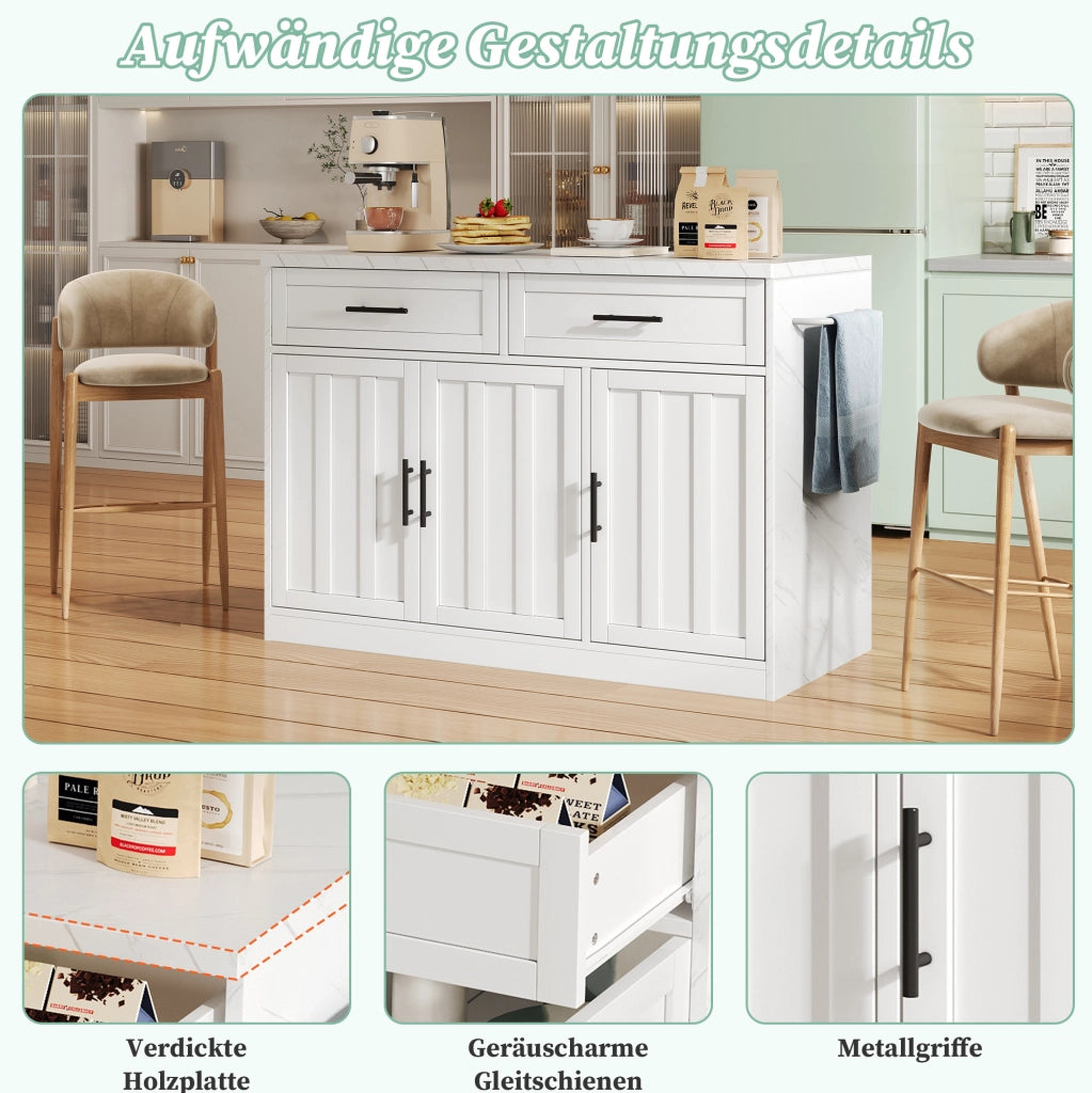 Isola cucina con piano bar 120 x 60 x 91 cm; bianco in MDF con prese e USB