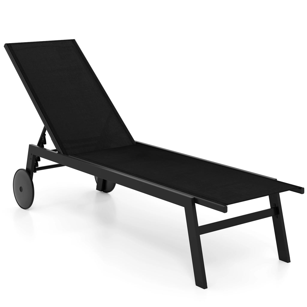 Sdraio patio ruote poltrona reclinabile 6 posizioni schienale regolabile-Sdraio tessuto traspirante prendisole piscina terrazza giardino Nero
