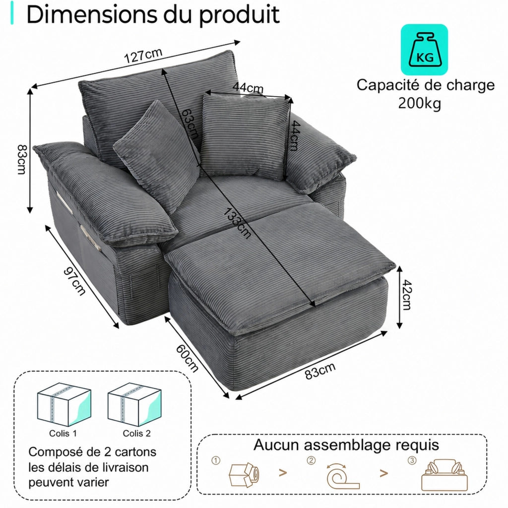 Divano modulare monposto con tasche laterali e poggiapiedi mobile in tessuto grigio chiaro 156 × 125 × 65 cm
