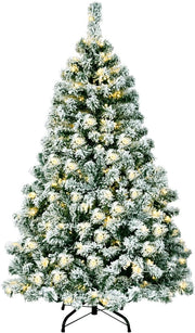 Albero di Natale Innevato 142/183/230 cm, Albero di Natale Slim, Albero di Natale con Luci Incorporate, Supporto in Ferro, Rami Spessi (142 cm)