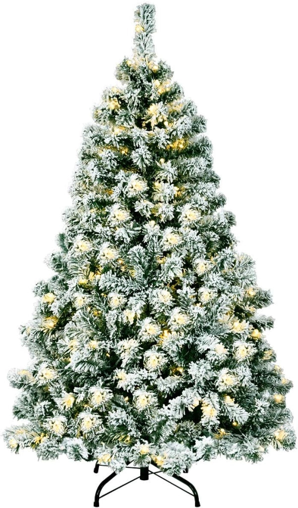 Albero di Natale Innevato 142/183/230 cm, Albero di Natale Slim, Albero di Natale con Luci Incorporate, Supporto in Ferro, Rami Spessi (142 cm)