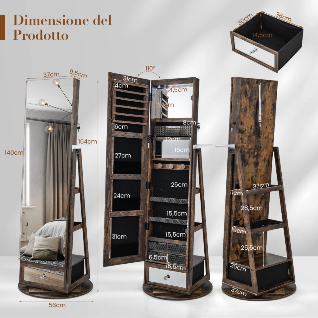 Armadietto portagioie girevole a 360¡ã con specchio lungo, Specchio portagioie con  luci LED e specchietto Marrone-Armadietti per gioielli