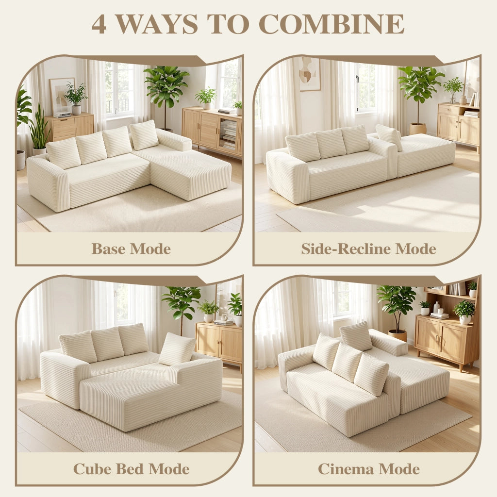 Divano angolare modulare componibile con chaise reversibile e seduta profonda senza montaggio in velluto a coste beige