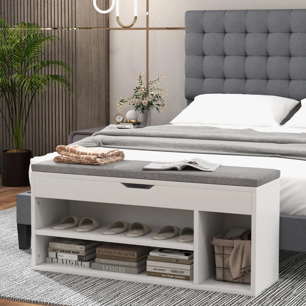 Scarpiera in legno con cuscino morbido e cassetto due ripiani 104x30x48cm Grigio