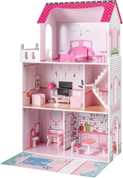 Casa delle Bambole a 3 Piani in Legno, Casa Barbie con Scale e 17 Pezzi di Mobili Completi, Villa da Principessa Fai-da-Te Giocattolo per Bambini 3+ Anni, 74,5 x 63 x 120,5 cm (Rosa)