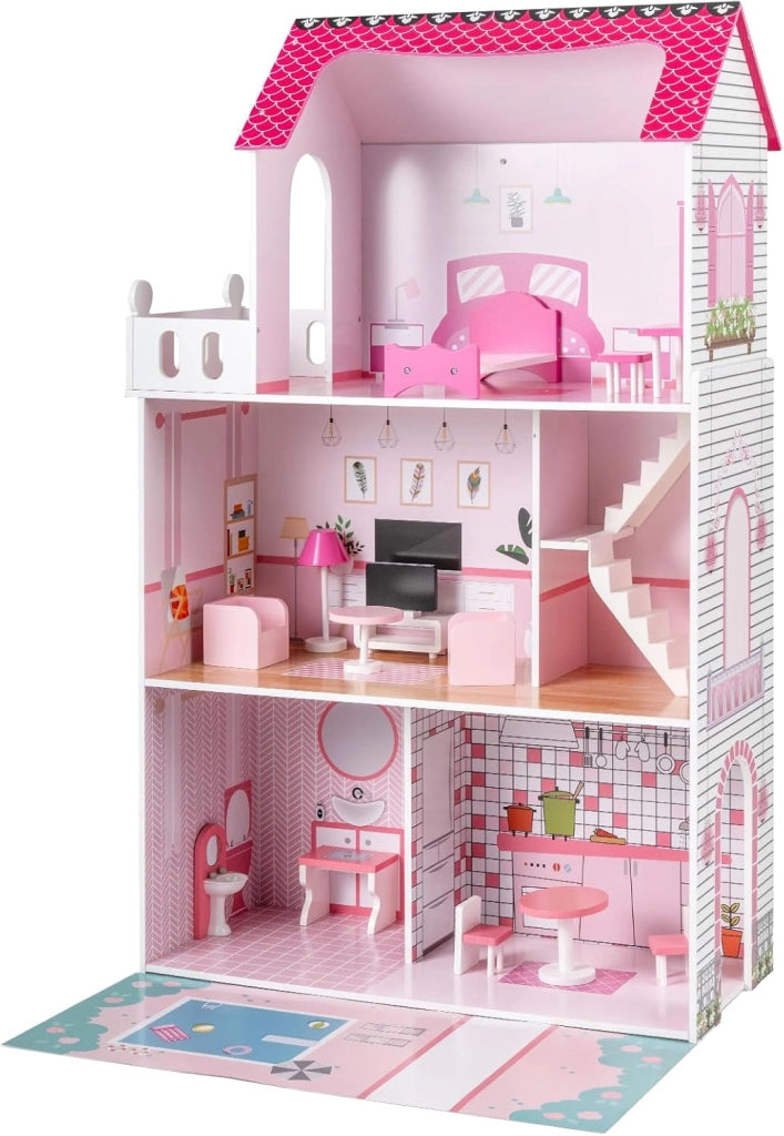 Casa delle Bambole a 3 Piani in Legno, Casa Barbie con Scale e 17 Pezzi di Mobili Completi, Villa da Principessa Fai-da-Te Giocattolo per Bambini 3+ Anni, 74,5 x 63 x 120,5 cm (Rosa)