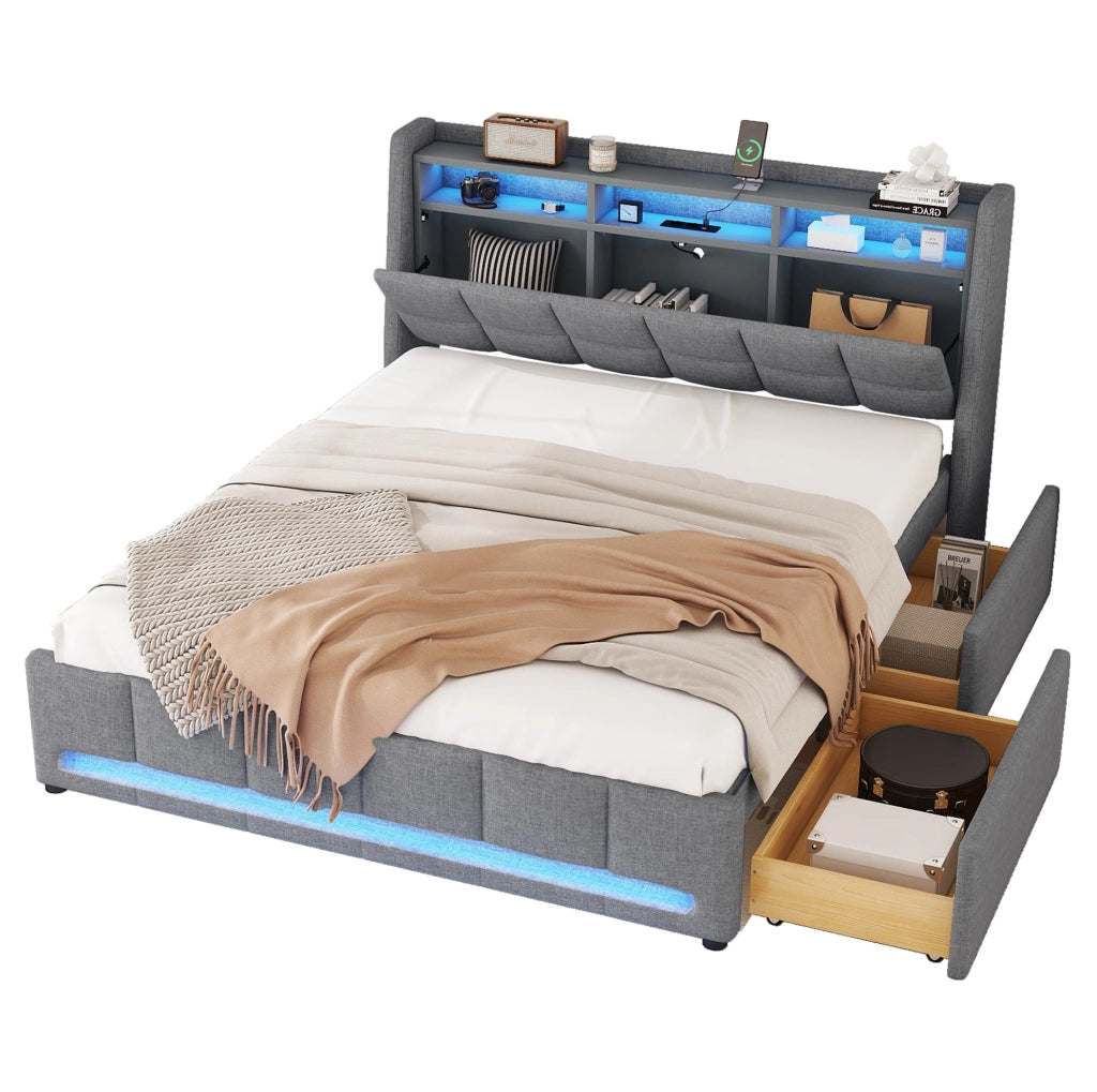 Letto imbottito 140x200 cm con LED APP; cassetti e USB in lino grigio