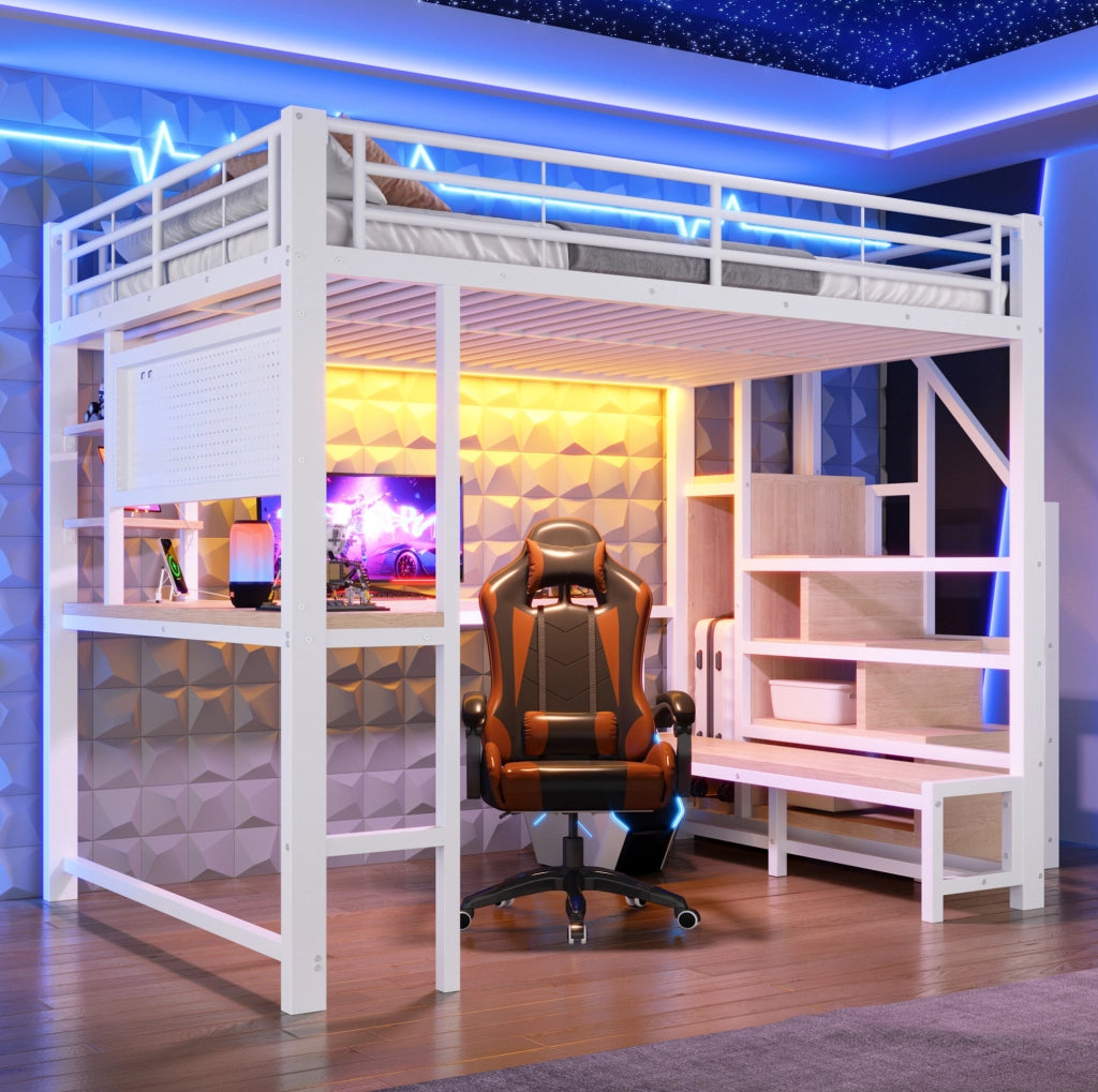 Letto a soppalco 140x200 cm con scrivania; LED; USB e USB-C; MDF e metallo; bianco