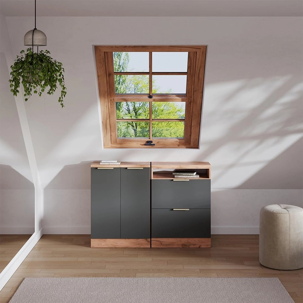 Set di mobili sottotetto Rion, Antracite-oro, 120 cm Set di 2 carcasse armadio profondità 60 cm, adatto per il salvaspazio sotto tetti spioventi