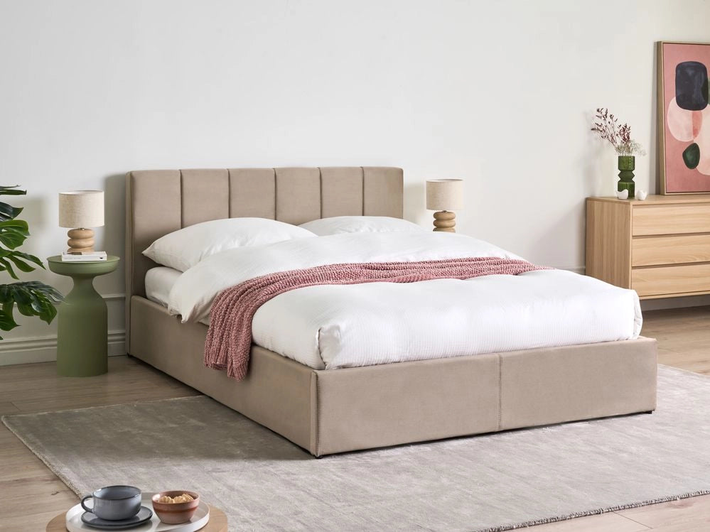 Letto matrimoniale contenitore Rivestimento in velluto beige 140 x 200 cm con testiera a doghe