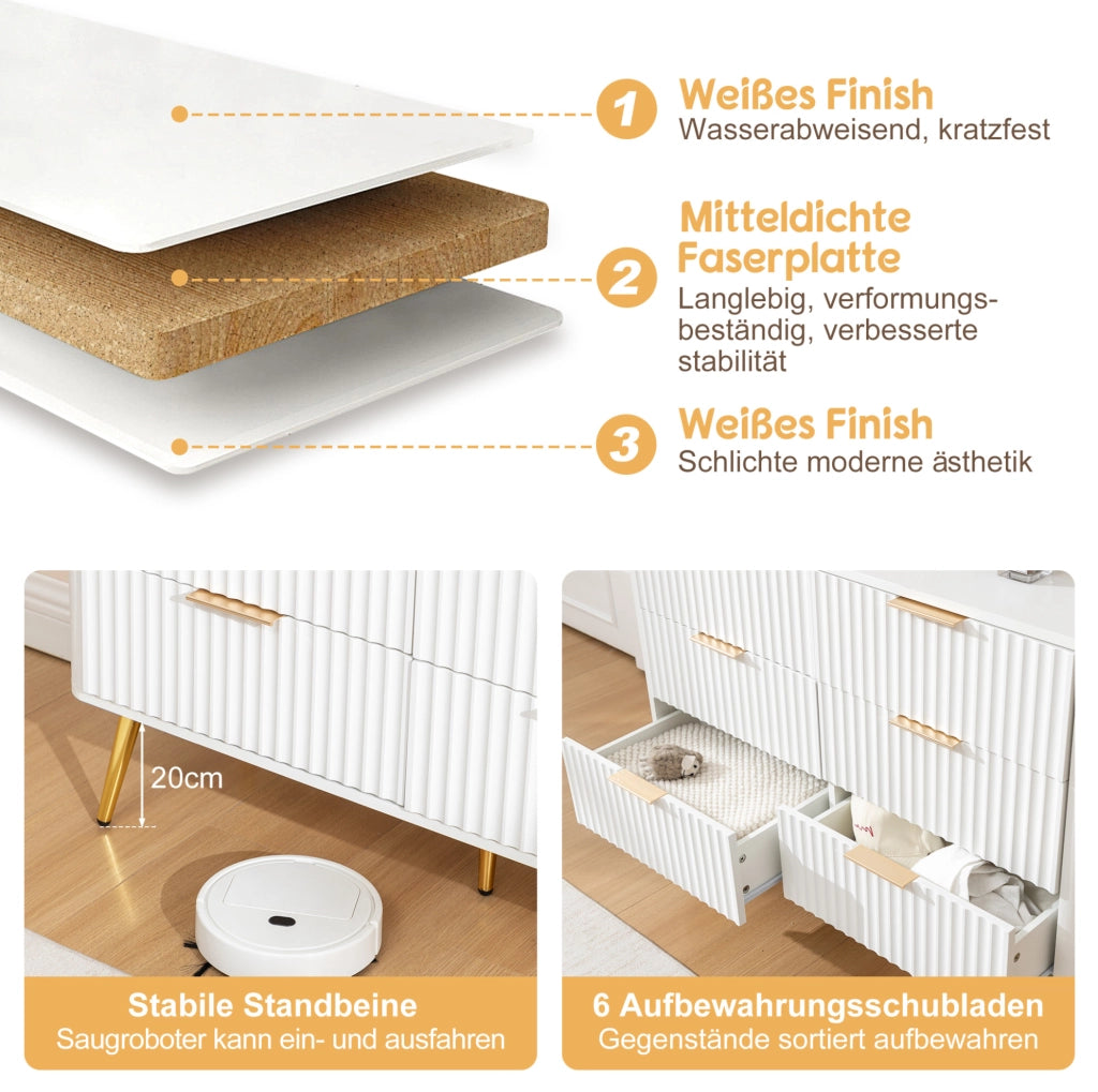 Cassettiera bianca in MDF con 6 cassetti; guide soft-close e maniglie in metallo