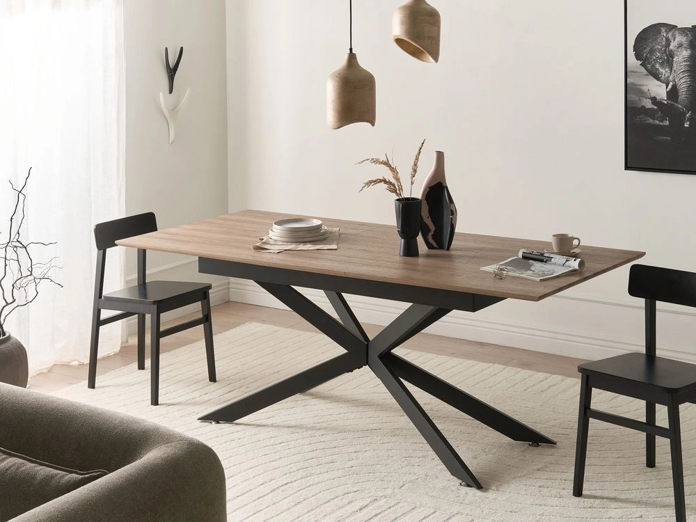 Tavolo da pranzo marrone chiaro con piano in MDF impiallacciato carta 160/200 x 90 cm Gambe in ferro Allungabile Rettangolare