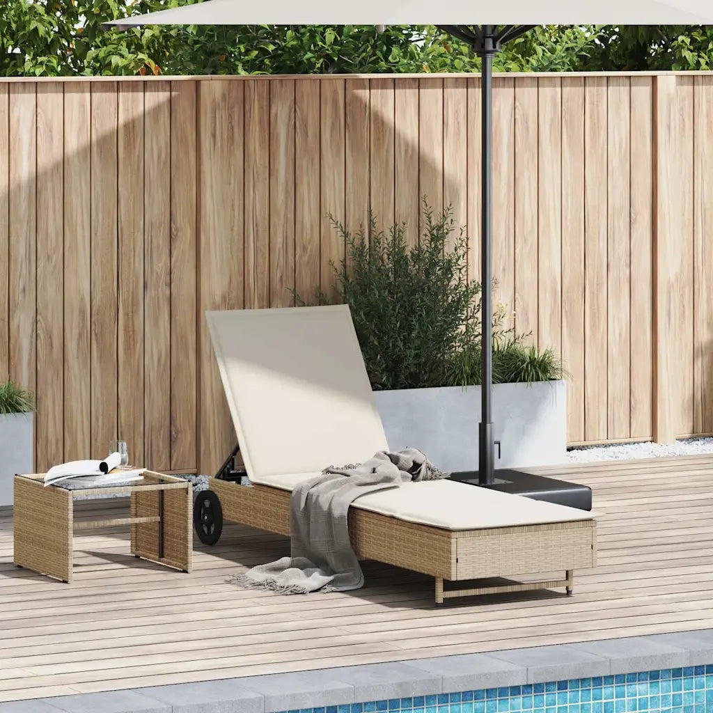 Lettino Prendisole | Sdraio da giardino | Lettino da sole con Ruote e Cuscino in Polyrattan Beige
