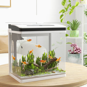 Acquario 28L a Illuminazione LED 38x26x38 cm con Fori di Ventilazione e Pompa in Vetro e ABS Bianco