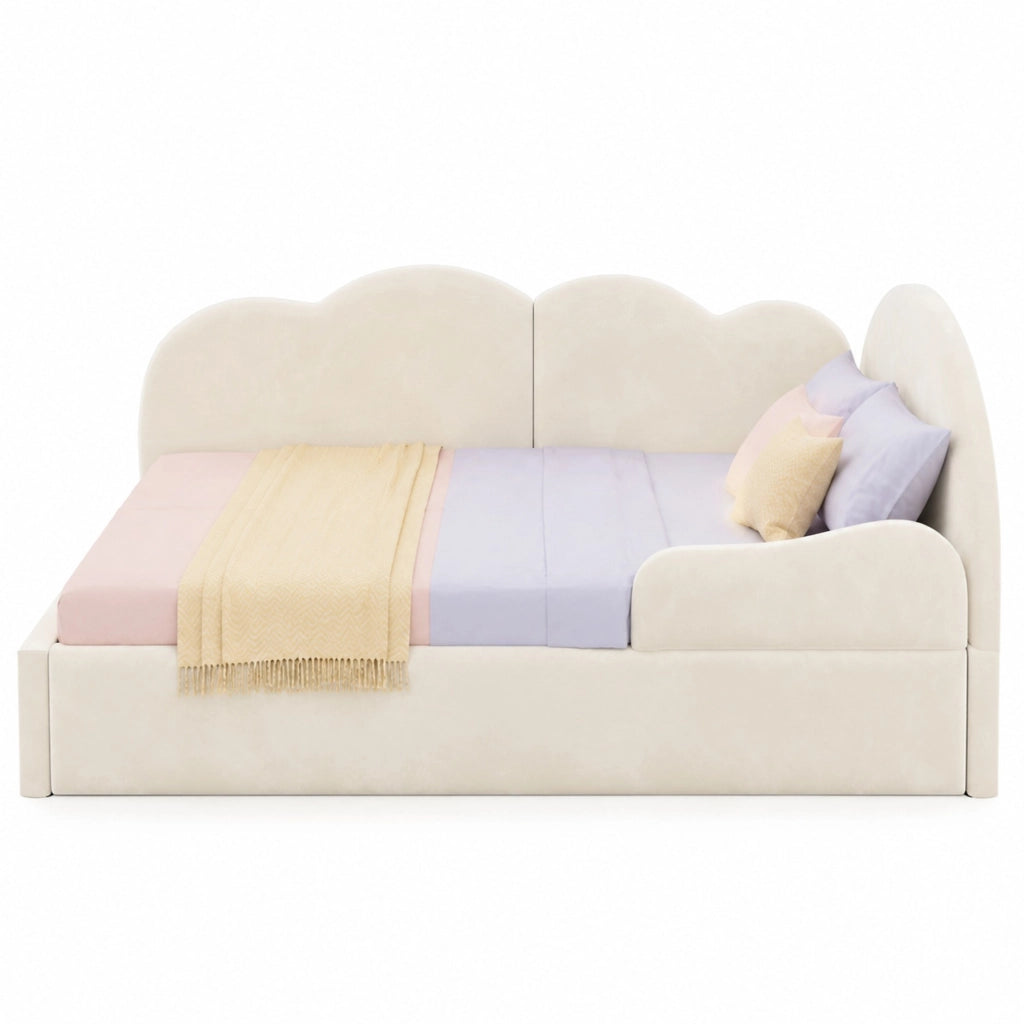 Letto imbottito estraibile a L singolo 90×200 cm e 90×190 cm con testiera a nuvola; senza materasso; beige
