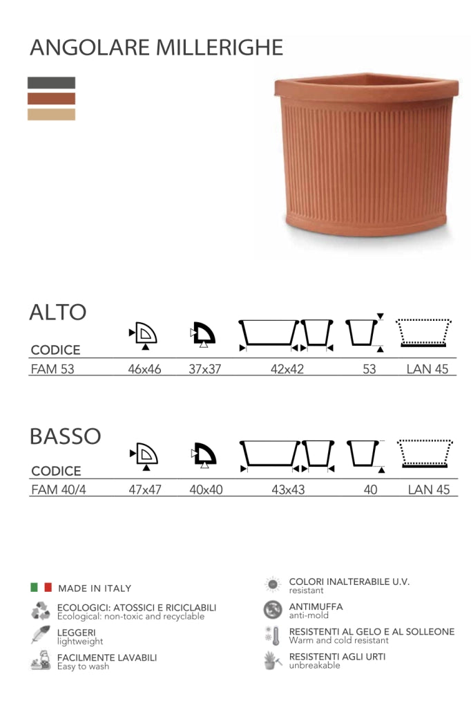 Cheonda - Garden Italia Vaso per Piante Angolare Millerighe Basso FAM 46×53 cm in Resina – Made in Italy, Leggero e Antiurto, per Interni ed Esterni
