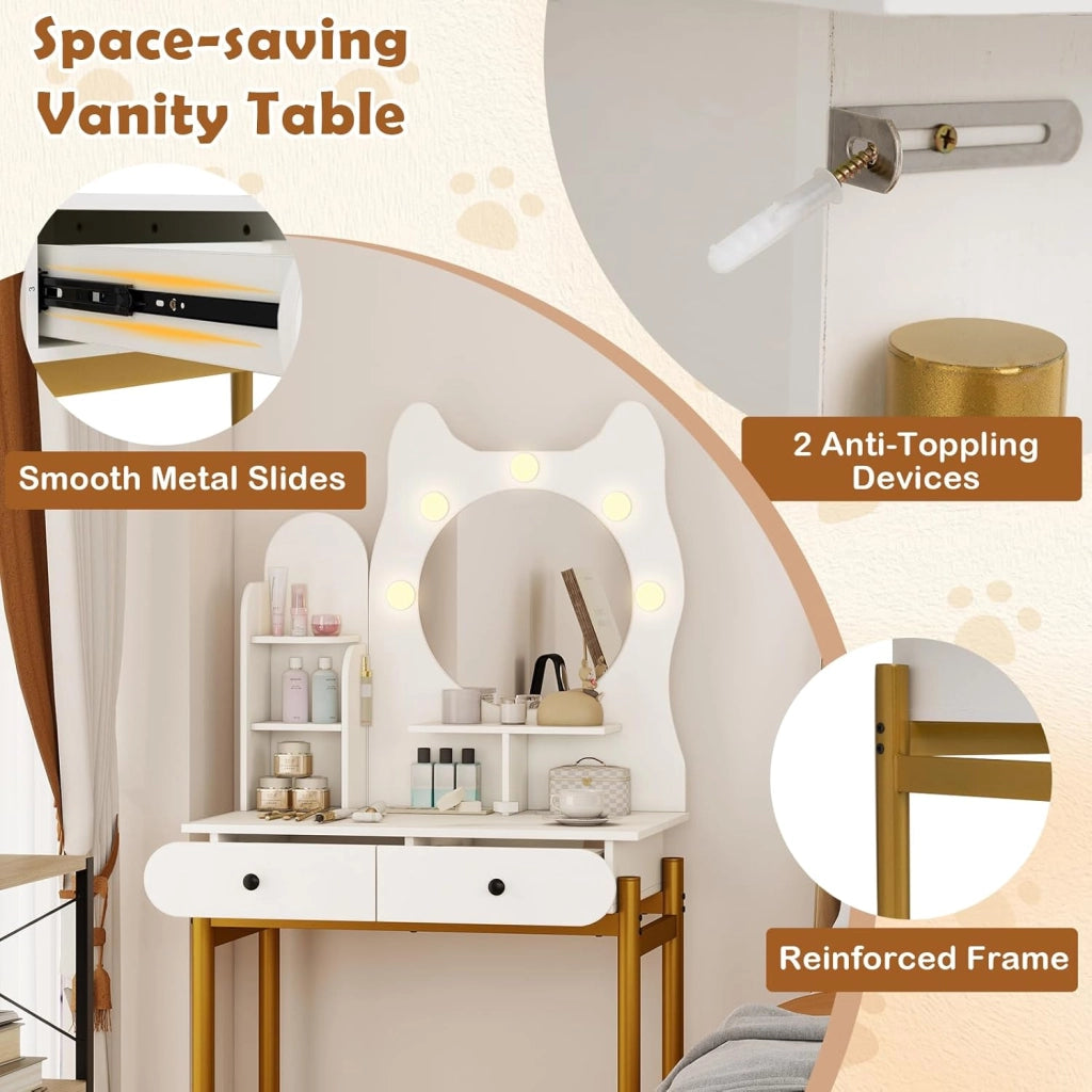 Toeletta con specchio, tavolo da trucco con luce LED a 3 colori, ripiani aperti, 2 cassetti e stazione di ricarica, a forma di gatto, 80 x 50 x 150 cm, toeletta compatta per camera da letto