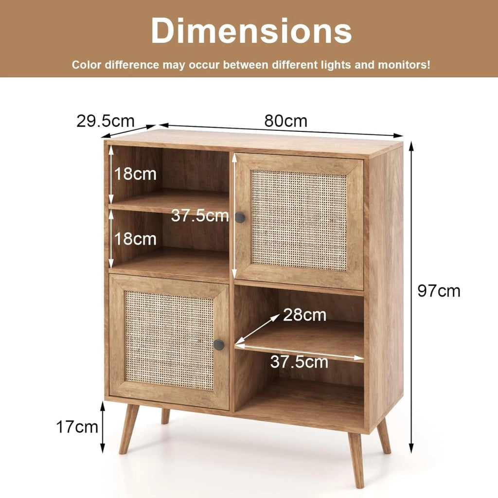 Credenza Cucina con Ante in Rattan, Armadietto a Buffet in Legno, Mobile Buffet Dispensa Elegante e Classico con Ripiano Aperto, per Sala da Pranzo, Soggiorno, 80 x 29,5 x 97 cm, Naturale