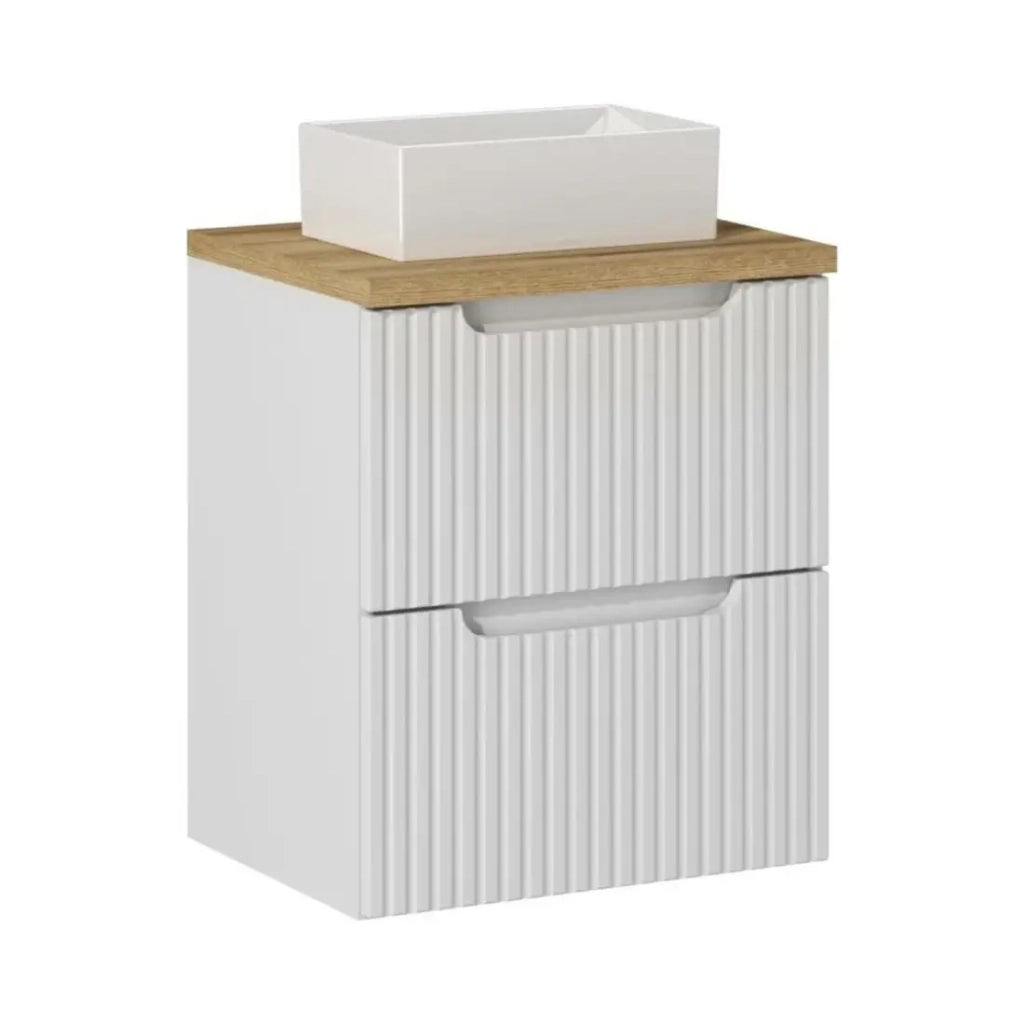 Set da bagno VANO bianco 50cm: mobiletto sotto lavabo con cassetti + piano per lavabo + lavabo rettangolare da appoggio