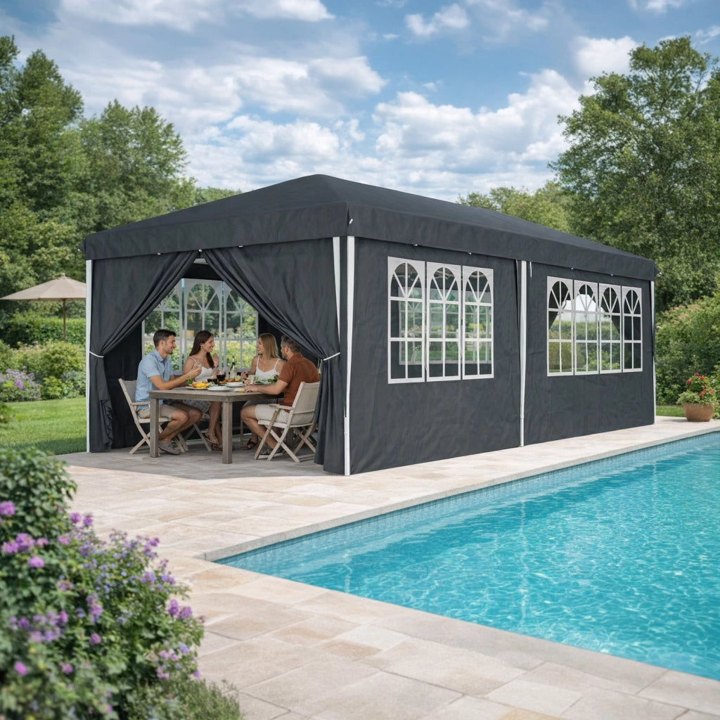 Gazebo Pieghevole Da Catering Con Pareti Laterali Finestre Trasparenti Porte Removibili E Struttura Pop Up Impermeabile Resistente Nero 3x6 Metri