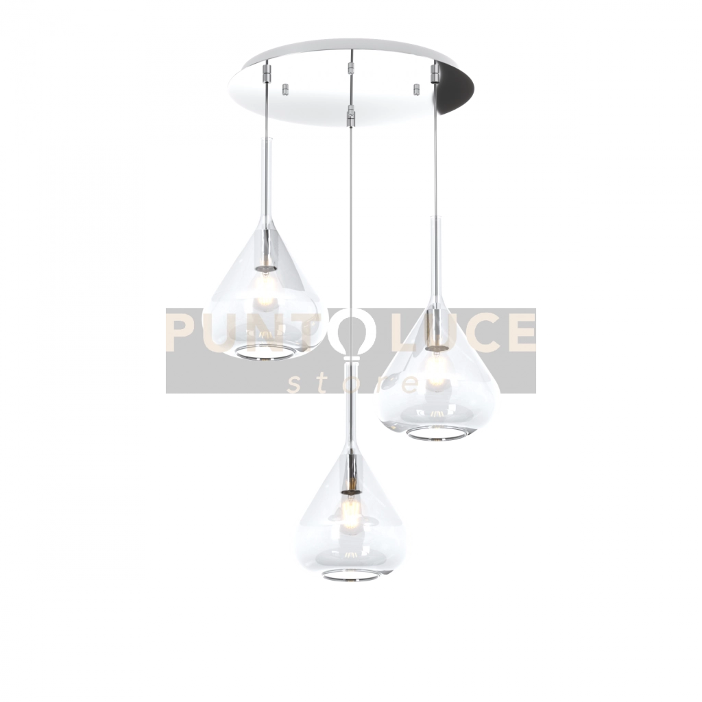 SOSPENSIONE CROMO 3 LUCI TONDA VETRI TRASPARENTE 1177CR-S3 T-TR