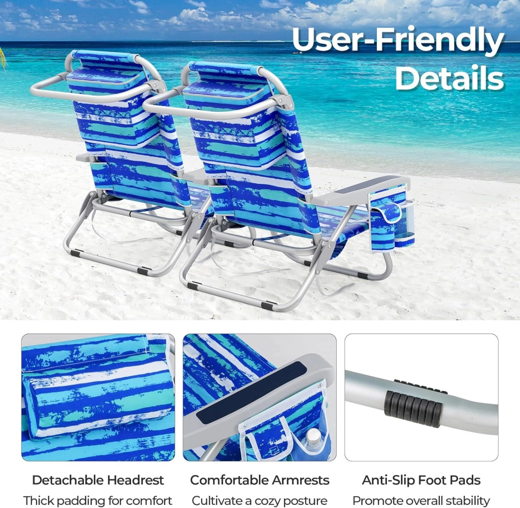 Sedia da Spiaggia Pieghevole, Spiaggina con Schienale Regolabile in 5 Posizioni, Sdraio Mare con Poggiatesta, Lettino Prendisole con Tasca Laterale, Carico 150 kg (Strisce Blu*1)