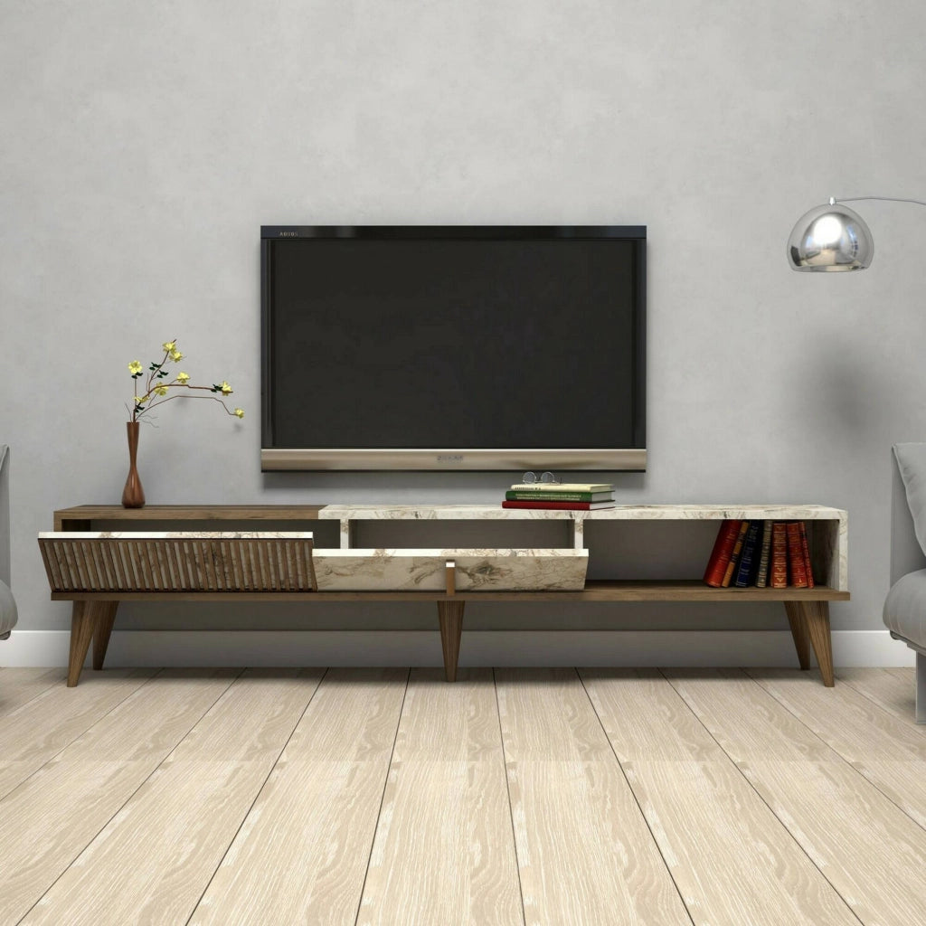 Mobile porta TV Jakuchu, Credenza da soggiorno, Armadio basso per TV, Base parete attrezzata, 180x35h40 cm, Noce e Bianco