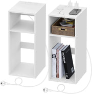 2 pezzi Comodino con Prese e Porte USB, Comodino per Camera da Letto Stretto, Comodino Salvaspazio con 2 Scomparti Aperti, per Soggiorno, Cameretta, in Legno, 25x30x60cm, NTS06ws