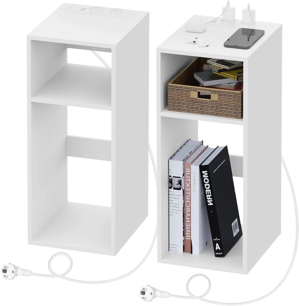 2 pezzi Comodino con Prese e Porte USB, Comodino per Camera da Letto Stretto, Comodino Salvaspazio con 2 Scomparti Aperti, per Soggiorno, Cameretta, in Legno, 25x30x60cm, NTS06ws