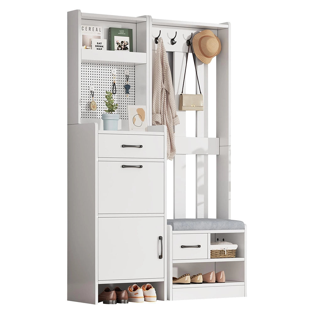 Appendiabiti 7 in 1 con panchina - Xylo - 7 ganci, pannello forato, 2 cassetti, bianco, 110x35x175.5 cm