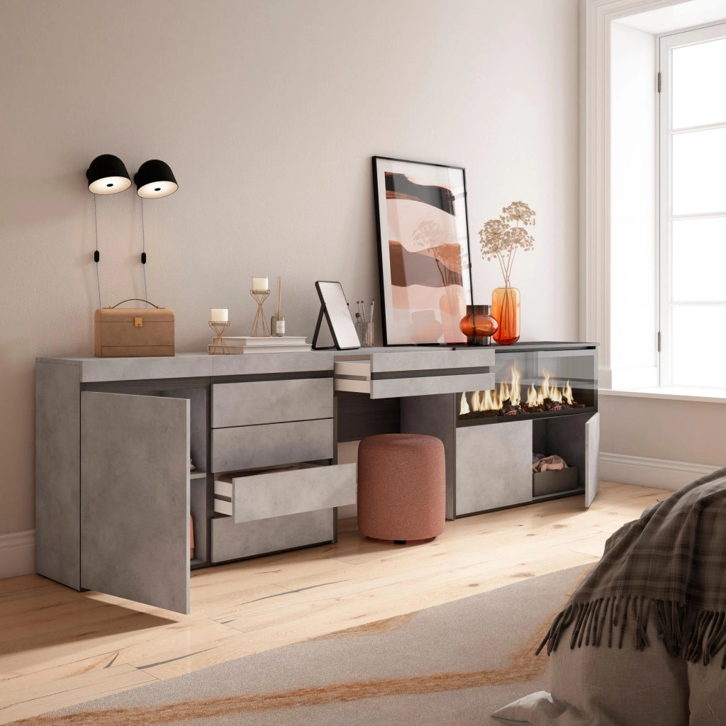 Tavolo da toeletta, 284x35x75cm, Con cassetto, Camino elettrico XXL, Cassettiera, grigio cemento RF3468