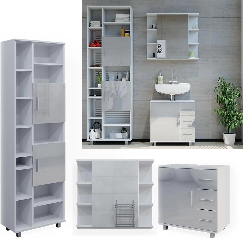 Set mobili bagno Ilias, Bianco lucido, 60 cm, composto da mobile sottolavabo, specchiera e colonna alta